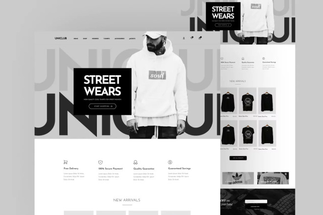 Streetwear ecommerce website mockup with product listing screens