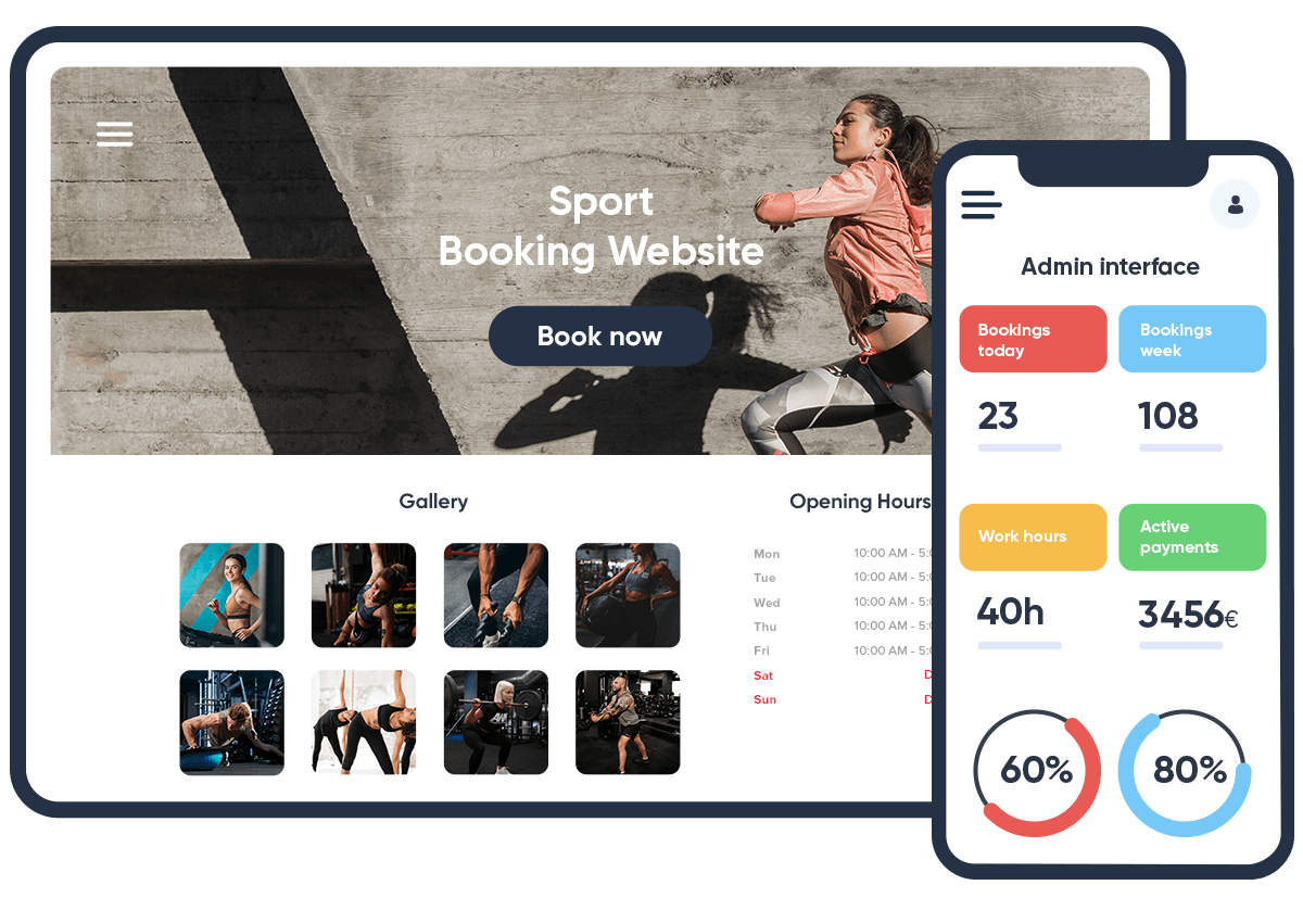 Sport booking website and mobile admin interface mockup